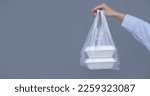 Small photo of Woman's hands holding PVC plastic bag with takeaway foam lunch boxes. Single use food containers, donation concept.