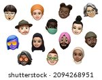 Small photo of Kiev, Ukraine - September 27, 2021: Set of iOS 14 Memoji for Messages and FaceTime apps, printed on white paper.