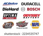 Small photo of Kiev, Ukraine - October 26, 2022: Logos Set of the World's Top of Manufacturers of Alkaline Batteries and Accumulators, printed on paper, such as: ACDelco, Duracell, DieHard, Bosch and others