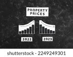 Small photo of property prices text with 2022 chart showing stats increasing and 2023 graph showing stats decreasing, concept of real estate market plunging