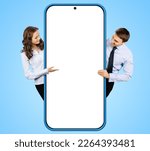 Small photo of Collage image - businessman, businesswoman stand behind show big cell phone mobile smartphone. Business woman man hold peep overhang cellphone with white mockup screen isolate on sky blue background