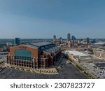 Small photo of May 23, 2023-Indianapolis, IN: Aerial view of Lucas Oil Stadium, home of the Indianapolis Colts, located in the city of Indianapolis, Indiana.