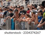 Small photo of July 17, 2023 - Loudon, NH, USA: Fans watch as drivers race for position for the Crayon 301 at the New Hampshire Motor Speedway in Loudon NH.