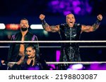Small photo of Cardiff, Wales - September 3rd 2022: The Judgment Day's Finn Balor, Rhea Ripley and Damian Priest at WWE Clash at the Castle