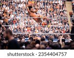 Small photo of London, England - August 27 2023: Juice Robinson hits a senton at AEW All In at Wembley Stadium