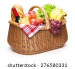 Picnic basket with food, isolated on the white background, clipping path included.