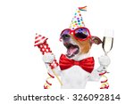 Small photo of jack russell dog celebrating new years eve with champagne and singing out loud, with a fireworks rocket , isolated on white background
