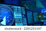 Small photo of Workplace of the air traffic controllers in the control tower. Team of professional aircraft control officers works using radar, computer navigation and digital maps. Aviation concept.