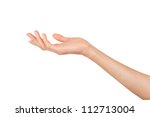 Close-up of beautiful woman's hand isolated on white background. Palm up