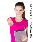 Small photo of Happy girl holding t?ablet computer and showing thumbs up. Isolated on white background