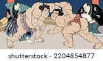 japanese ukiyo e of the sumo...