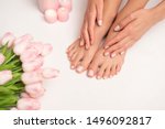 The picture of female legs and hands after pedicure and manicure. Legs are surrounded by pink tulips and candles.