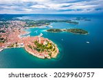 Town of Rovinj archipelago aerial view, famous tourist destination in Istria region of Croatia