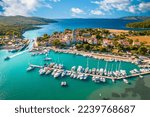 Historic town of Osor connecting Cres and Losinj islands aerial view, Kvarner archipelago of Croatia