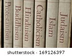 Book spines listing major world ...