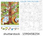 funny cats sit on a high tree.... | Shutterstock .eps vector #1590458254