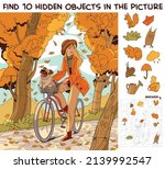 Girl riding a bike in autumn park. Find 10 hidden objects in the picture. Puzzle Hidden Items. Funny cartoon character. Vector illustration. Set
