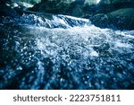 BLUBBLING WATER STREAM, FRESH BLUE BACKDROP, COLD WATER RIVER IN MOUNTAIN LANDSCAPE, NATURAL REFRESHING DESIGN