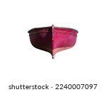 Shabby red metal sea small iron rowboat full body front view isolated on white