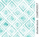 Hand painted watercolor geometric diamond shaped ogee allover seamless organic tile pattern in torques blue color