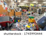 Small photo of CHICAGO, ILLINOIS - MAY 31, 2020: CVS Pharmacy store interior destroyed by the protesters after nights of riots, looting and chaos in Downtown Chicago