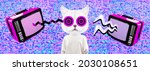 Stylish minimal collage banner scene. Funny Kitty character hypnotizing Tv. News, fake, negative, misinformation concept