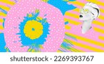 Small photo of Contemporary digital collage art. Modern trippy design. Fashion Lady and creative abstraction background