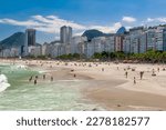 Copacabana beach in Rio de Janeiro, Brazil. Copacabana beach is the most famous beach in Rio de Janeiro. Sunny cityscape of Rio de Janeiro