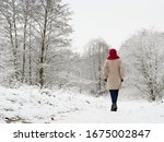 Back view of adult woman walk in winter forest. Snowy nature landscape. Activity relax on fresh air concept.