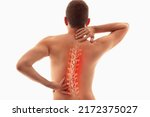 Small photo of Back pain, male body torso back view, human spine illustration