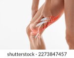 Knee pain, meniscus inflamed, human leg medically accurate representation of an arthritic knee joint. Persistent, sharp discomfort in the knee joint, accompanied by swelling and stiffness