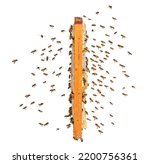 Small photo of swarm of bees flying towards a hive frame, isolated on a white background