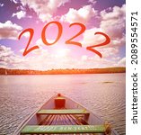Small photo of Christmas Card, Happy New Year, 2022, the road to better brighter future (concept)