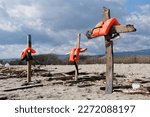 Small photo of Cutro, Crotone, Italy, 5 March 2023, Crucifix in the beach of Steccato di Cutro in memory of tragic Shipwreck where over 70 people migrants dead on 2023.
