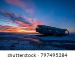 Majestic view during sunrise of Douglas Super DC-3 plane wreck at crash site near to Sólheimasandur beach in southern Iceland.