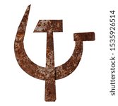 Small photo of Isolated objects: crossed metal hammer and sickle, old rusty symbol of communism, on white background