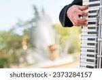 Small photo of Accordion. Keys. Male hand on the accordion.