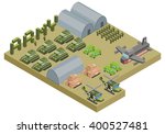 Isometric army base camp with tank helicopter military