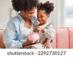 Small photo of financial education. african american family, mother and child daughter with pig piggy bank counting savings at home on sofa