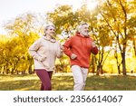 Small photo of Happy senior husband and wife in sportive outfits running outdoors in city park, lovely retired couple jogging in sunny morning looking at each other with warmth and smile. Healthy lifestyle concept