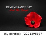 Small photo of Poppy pin for Remembrance Day. Poppy flower on black background. Remembrance Day Lest We Forget.
