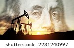 Small photo of Oil price cap concept. Petroleum, petrodollar and crude oil concept. Oil pump on background of US dollar. Dollar and oil pumps