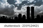 Small photo of New York skyline silhouette with Twin Towers on background of black and white sky. 09.11.2001 American Patriot Day banner.