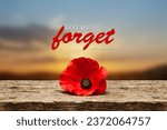 Small photo of Poppy pin for Remembrance Day. Poppy flower on old beautiful high grain, detailed wood on background of sunset sky. Lest We Forget.