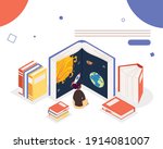 woman reading books of universe ... | Shutterstock .eps vector #1914081007