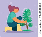 female ecologist planting tree... | Shutterstock .eps vector #2144340981