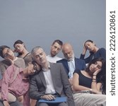 Small photo of Group of diverse tired people sitting on chairs and falling asleep after waiting for hours, bored audience and long wait concept, blank copy space