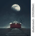 Small photo of Scary vintage circus tent in the dark and big full moon
