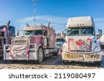 Small photo of St Liboire, Quebec, Canada - January 28 2022. Many Truckers of the Freedom Convoy 2022 Ready to leave for Ottawa.