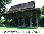 Small photo of CHIANG MAI, THAILAND- APRIL 1, 2019: Thai architecture and exterior design of old Kalae house, Rice granary and townsfolk style- The Lanna Traditional ancient house and museum- Chiang Mai university